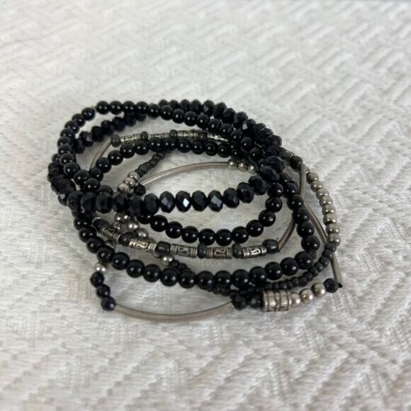 Vintage Lot Black Silver Tone Beaded Layered Statement Bracelets Boho Grunge - Picture 6 of 9